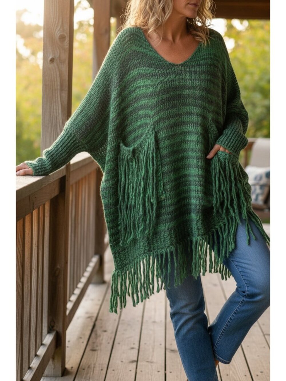 Dramatic Retro Fringe Patch Pockets Long Sleeve Baggy Oversized Knit Sweater
